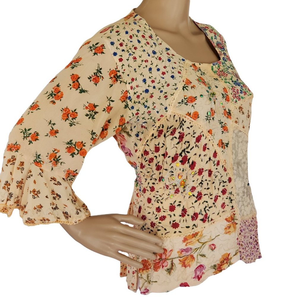 Peasant Boho Floral Hi Lo Blouse Women's Small 3/4 Poet Sleeves Beaded Sequin